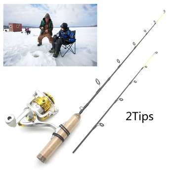 65 cm 2Tips Rod Cievky Kombá v Zime Ice Rybársky Prút Fishing Cievky nastaviť Rod Pól Riešiť Uhlíka pól Ice tyč s cievky Šťuky rýb udicou