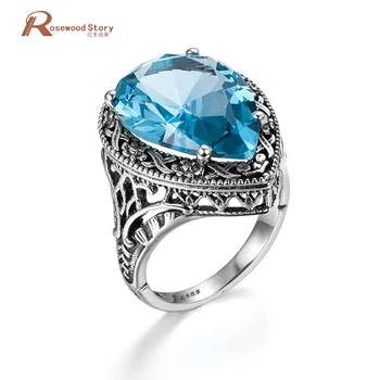Baroco Štýl Modrý Kameň Prst Krúžok Kvapka Vody Krásny Tvar Čistý 925 Sterling Silver Krúžky pre Ženy Módne Luxusné Šperky