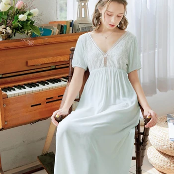 Víla Sleepwear Lady Salónik Odev Vintage Čipky Peignoir Nightgown Ženy Bavlna Sexy V Krku Nighty Viktoriánskej Dlhé Nočné Šaty