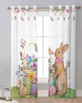Akvarel Králik Vajíčka Veľkonočné kvetov Rastlín Tylu Záclony Obývacia Izba Naprostej Okno Ošetrenie Voile Závesy s osadené priechodkami