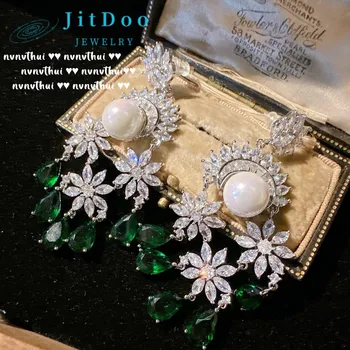 JitDoo Malachit Zelený Diamant Pearl Náušnice Snowflake Tvar Pozlátené 18 Karátovým Zlatom pre Ženy Dámske Náušnice Strany Darček k Narodeninám