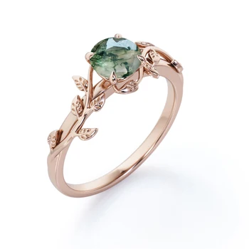 Elegantné Leaf Tvarované Kolo Prírodné Zelené Kamenný Kruh Moss Achát Zapojenie 925 silver Šperky pre Ženy, Jemné šperky Darček