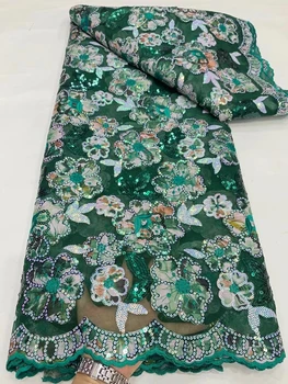 Nigérijský Sieťovín Materiálov Výšivky Pre Ženy Oblečenie Party Šaty 5 Metrov Zelená Afriky Flitrami Čipky Textílie Tým Metrov