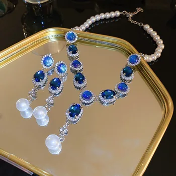 Francúzsky Vintage Blue Kolo Crystal Visieť Náušnice