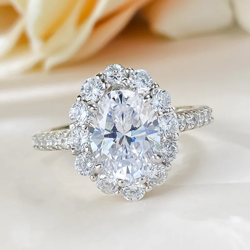 2023 Nové Simulované Diamantový Prsteň Oválny Biely Diamant Ľadový Kvet Rez snubný Prsteň pre Ženy v Európe a Amerike