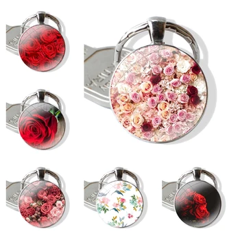 Karikatúra, Kreatívny Dizajn, Módny Prívesok Auta, Kľúčenky Ručne Vyrábané Sklo Cabochon Keychain Vintage Kvetinový Ruže Kvet