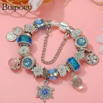 Buipoey Modré Crystal Snowflake Korálky Vianoce Sneh Noc Kúzlo Náramky Pre Ženy DIY Kvet Perličiek Náramok & Náramok Šperky