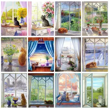 RUOPOTY Obrazy Pre Maľovanie Podľa Čísel Okno Mačka Kresba Na Plátne S Rámom Wall Art Obraz Domova