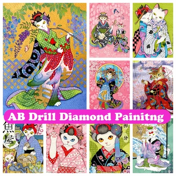 Japonské Kimono Mačka 5D DIY AB Diamond Maľovanie Mozaiky Cartoon Art Cross Stitch Kamienkami Ručné Výšivky Domova Darček