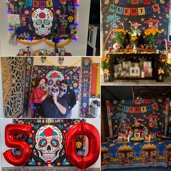 Deň Mŕtvych Pozadie Mexickej Fiesta Cukru Lebky Kvety Fotografie Pozadí Dia DE Los Muertos Narodeninovej Párty Dekorácie