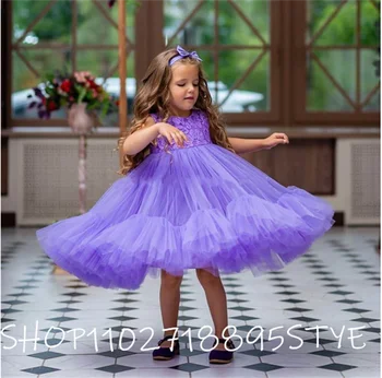 Deti Oblečenie Fialová Tylu Kvetina Dievča Šaty Krásnu Princeznú Dance Party Šaty Narodeniny Plášte