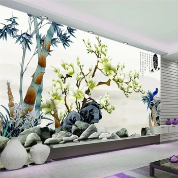 wellyu abstraktných de parede Vlastné Tapetu, 3d Fotografie, Maľby Čínske Feng Shui Mo Kvet, Vták, Biela Magnólia Obývacia Izba tapety