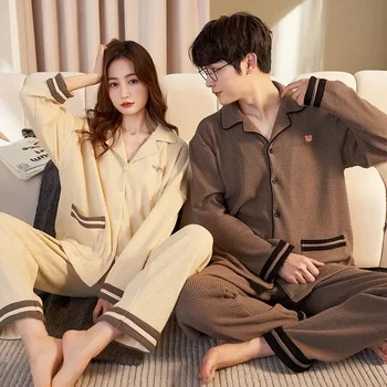 Na jar a na Jeseň Dlhým rukávom kórejský Cardigan Bavlna Sleepwear Dvoch-dielny Set Bežné tvaru Páry Pyžamo Ženy Pajama Muž