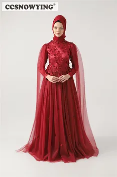 Červená Moslimských Hidžáb Večerné Šaty S Dlhým Rukávom Vysoká Krku Prom Formálnej Strany Šaty Kvety Arábia Dubaj Kaftan Islamskej Rúcha De Soirée