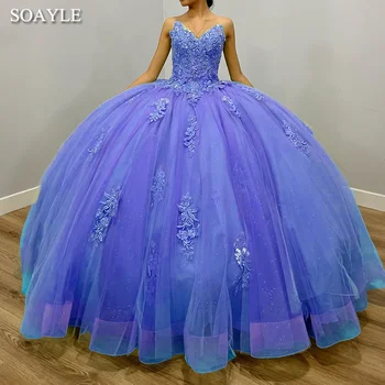 SoAyle Quinceanera Šaty Milú, plesové Šaty, Čipky Nášivka Korálkové Princezná Prom Dlho pre Dospievajúce Dievča