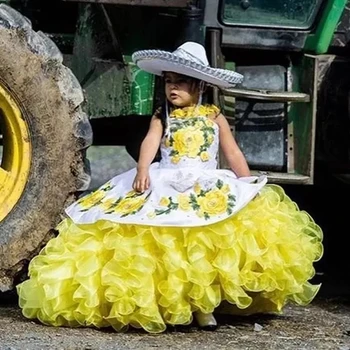Žltá Mini Quinceanera Šaty Charro Plesové Šaty, Organza Appliques Kvetina Dievča Šaty Na Svadby Mexickej Sprievod Šaty Dieťa