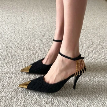 Nové 2023 Žena Čerpadlá Vysoké Podpätky Fashion Reťazca Dekorácie Duté Elegantné Stiletto Sandále Ukázal Prst Strany Topánky pre Ženy