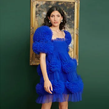 Kráľovská Modrá Večerné Šaty Elegantné Krátke Rukáv Podkolienok Organza Organza Námestie Golier Zvláštne Príležitosti Krásne Ženy Vintage Šaty