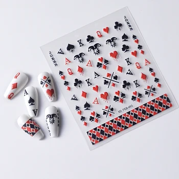 Black Red Námestie Geometrie Poker Klaun Zábava 3D Samolepiace Nail Art Nálepky 5D Mäkké Úľavu Klinec DIY Telefón Odtlačkový Žena