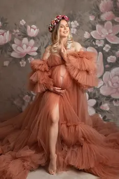 Elegantné Tylu Cardigan Materskej Šaty Pre Fotenie Dlho Skladaný Lem Odnímateľné Rukávy Tehotné Ženy Šaty Pre Svadobné Hostí