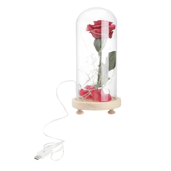 Sklo Dome Kvet Lampa Rose Svetlo USB LED Reťazec Svetlo Drevený Základ Nočné Svetlo Darček na Svadbu Valentine (Drevený Základ)
