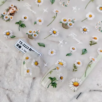 Biela Daisy 5D Mäkké Plastické Reliéfy Samolepiace Nail Art, Ozdoby Nálepky Fialové Kvety 3D, Manikúra Obtlačky Veľkoobchod