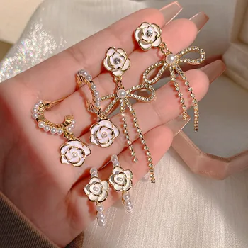 Stud náušnice pre ženy kórejský Šperky Camellia Kvet Pearl Sladké Náušnice Ženskej Módy
