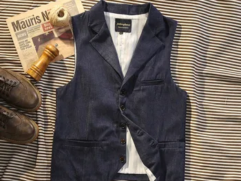 Americký bežné Amikaki umyté blue denim vest pánske retro gentleman bunda Paríž tlačidlo vesta