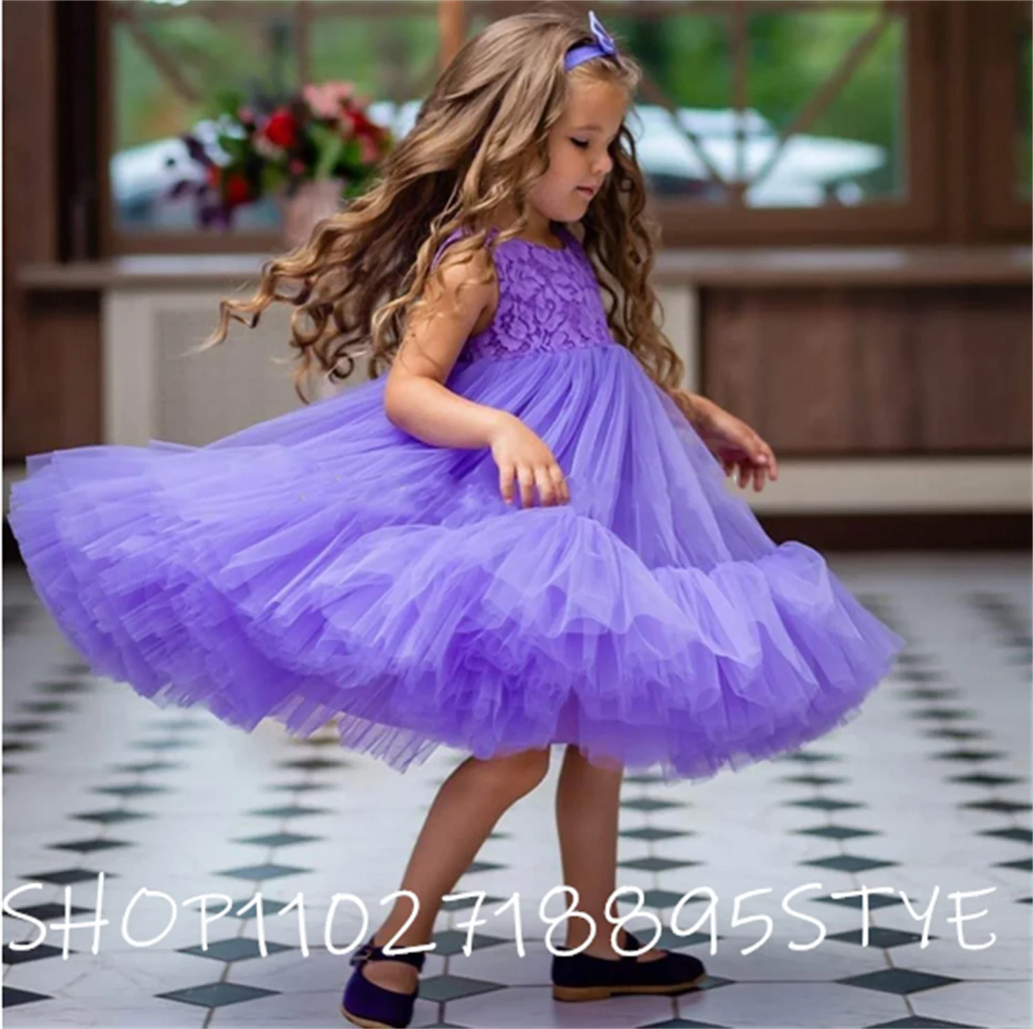 Deti Oblečenie Fialová Tylu Kvetina Dievča Šaty Krásnu Princeznú Dance Party Šaty Narodeniny Plášte