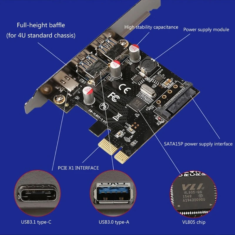 PCIE-2A1C na USB3.1 Typ C Rozširujúca Karta USB3.0A Rozširujúca Karta Podporuje Pcie X1 X16 Doske Karty pre PC Desktop
