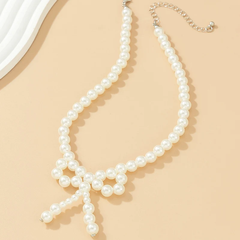 Trend Svadobné Party Šperky, Perly Veľký Luk Choker Príveskom Náhrdelník Pre Ženy Elegantné Biele Imitácia Perly Reťazca Náhrdelníky X0219