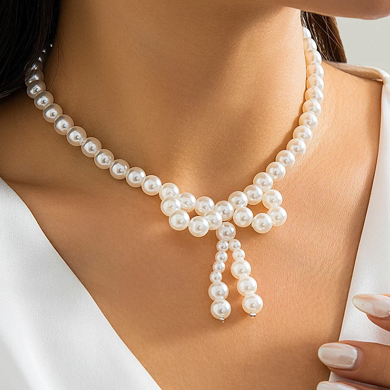 Trend Svadobné Party Šperky, Perly Veľký Luk Choker Príveskom Náhrdelník Pre Ženy Elegantné Biele Imitácia Perly Reťazca Náhrdelníky X0219