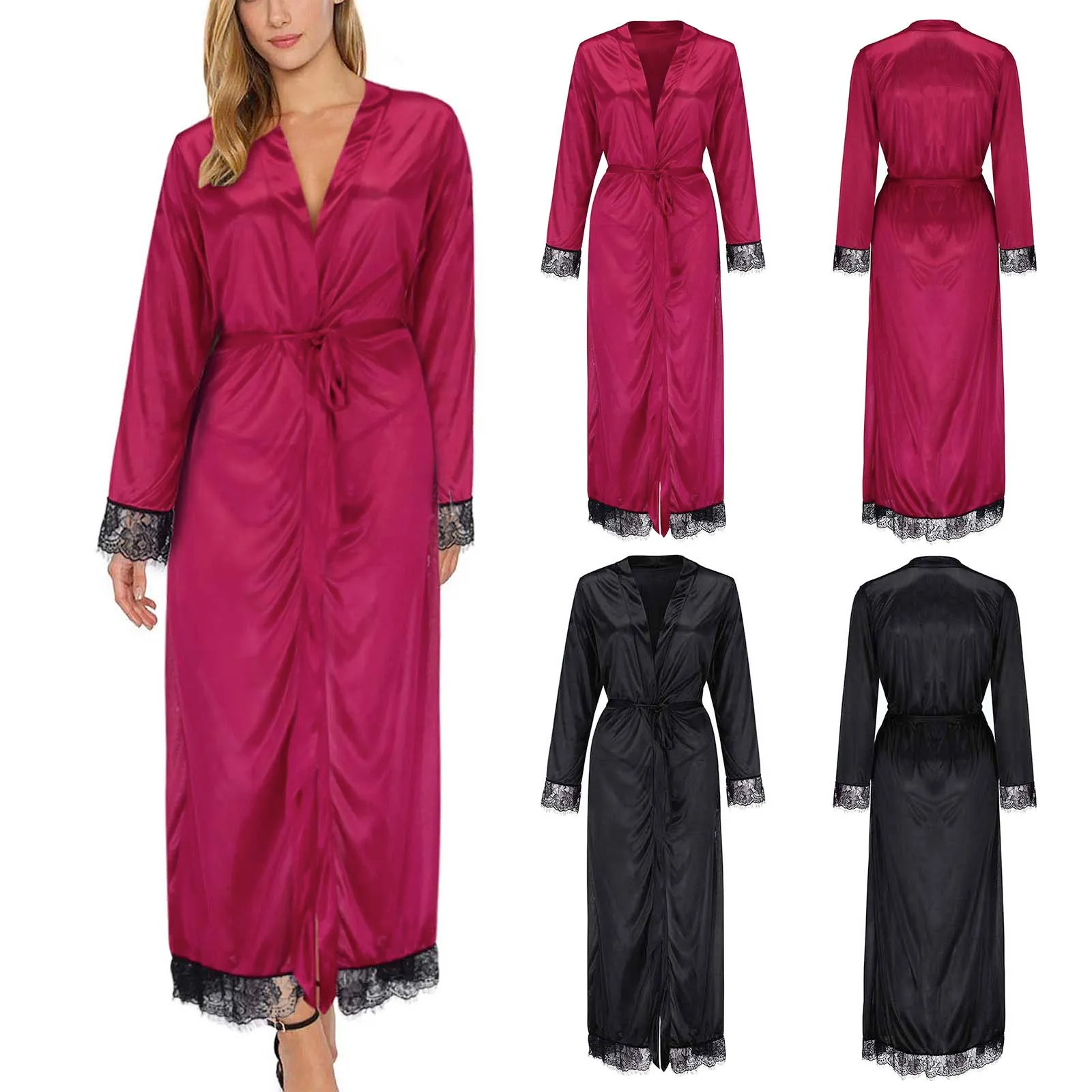 Ženy Ice Hodváb Pyžamo Rúcha Sleepwear Nightgowns Nightdress Červená Čierna Čipka Mäkké Pohodlné Bežné Pure Color Sleepwear Vianoce